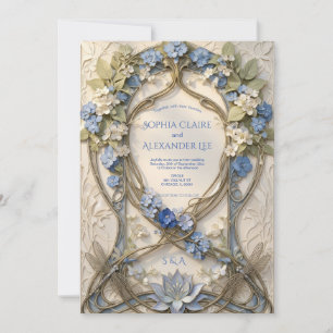 Convite de Casamento Art Nouveau Floral Azul Perso