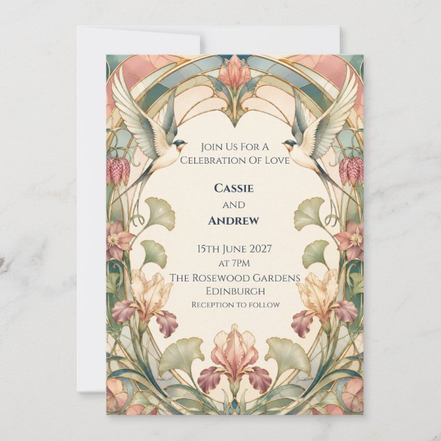 Convite de Casamento Art Nouveau Íris Andorinha (Frente)