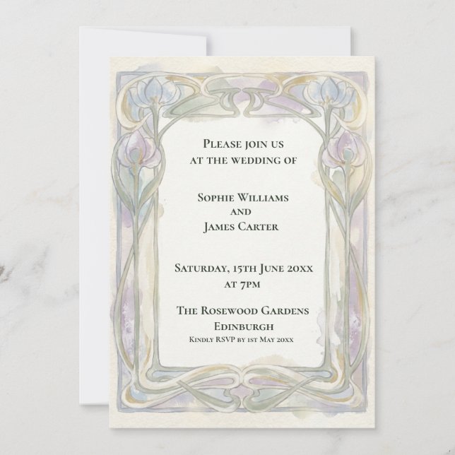 Convite de Casamento Art Nouveau Lavanda Suave (Frente)
