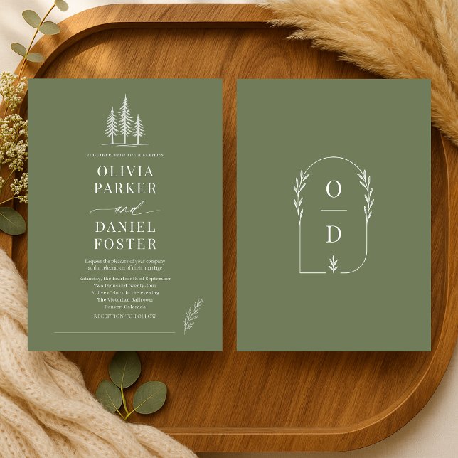 Convite de Casamento Arte Linear em Verde Oliva Fl (Criador carregado)