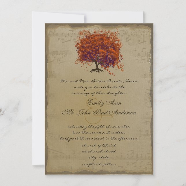 Convite de Casamento Árvore Coração Coral Escuro D (Frente)