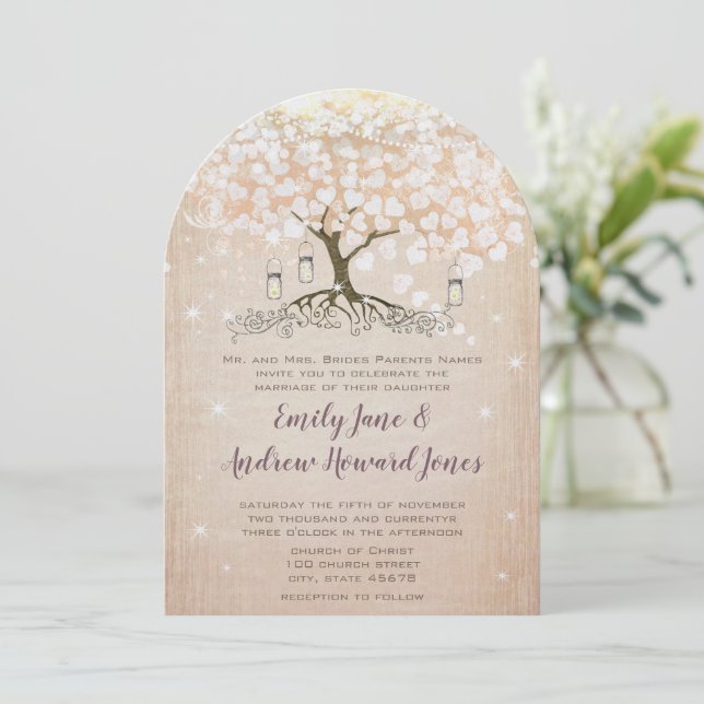 Convite de Casamento Árvore Coração Rosa Dourado R (Em pé/Frente)