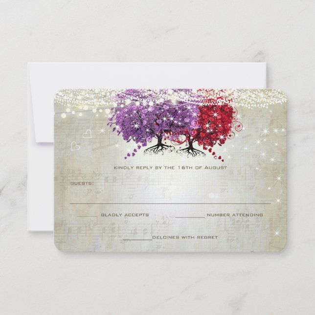Convite de Casamento Árvore de Folhas Coração Roxo (Frente)