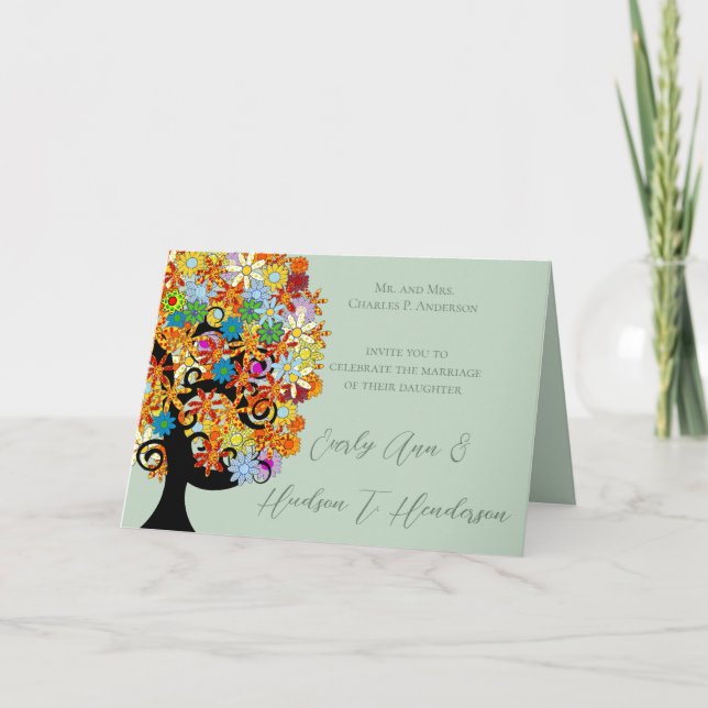 Convite de Casamento - Árvore do Amor com Flores M (Frente)