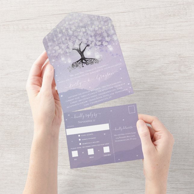 Convite de Casamento Árvore Folha Coração Roxo Lav (Aba destacável)