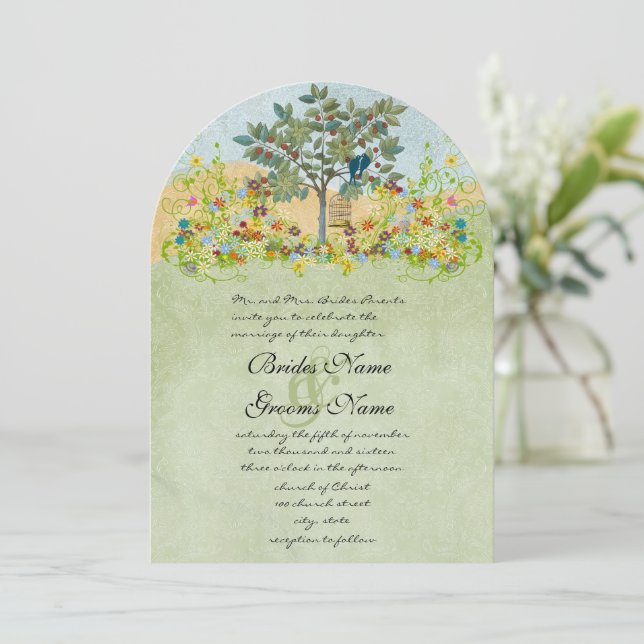 Convite de Casamento Árvore Pássaros de Amor Flor  (Em pé/Frente)