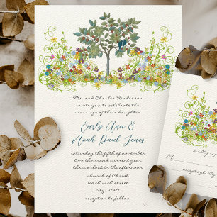 Convite de Casamento Árvore Pássaros de Amor Flor