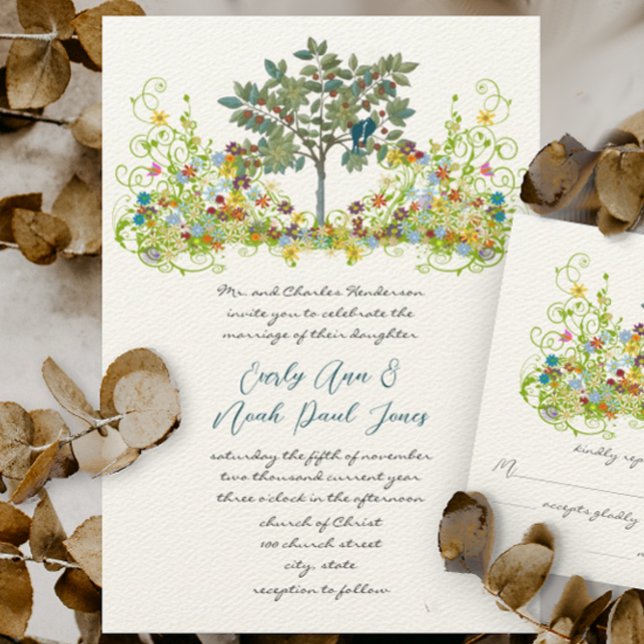 Convite de Casamento Árvore Pássaros de Amor Flor  (Criador carregado)