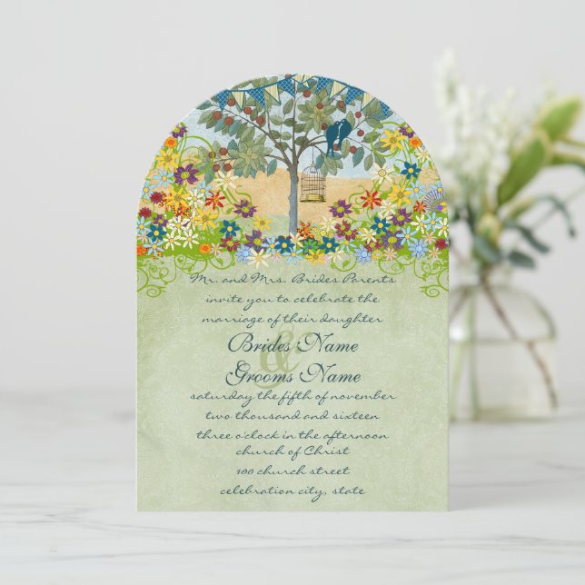 Convite de Casamento Árvore Pássaros do Amor Rústi (Em pé/Frente)