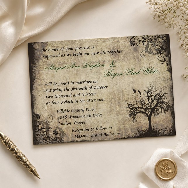 Convite de Casamento Árvore Vintage Nova Vida (New Life Vintage Wedding Invitation)