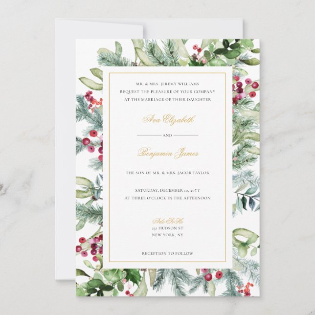 Convite de Casamento Ava Winter Greenery com RSVP (Frente)