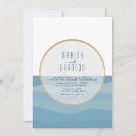 Convite de Casamento Azul à Beira-Mar com Aquarela