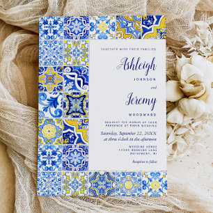 Convite de Casamento Azul Amarelo em Azulejo Rústi