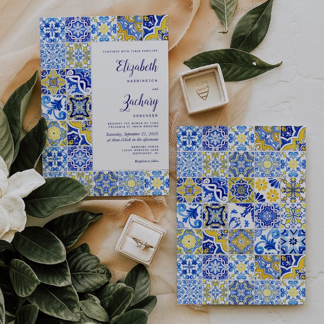 Convite de Casamento Azul Amarelo em Azulejo Rústi (Criador carregado)