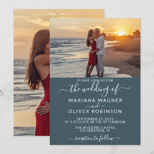Convite de Casamento Azul Boho Foto Script Elegant
