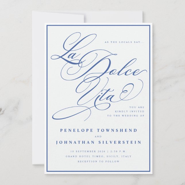 Convite de Casamento Azul Branco La Dolce Vita Cal (Frente)