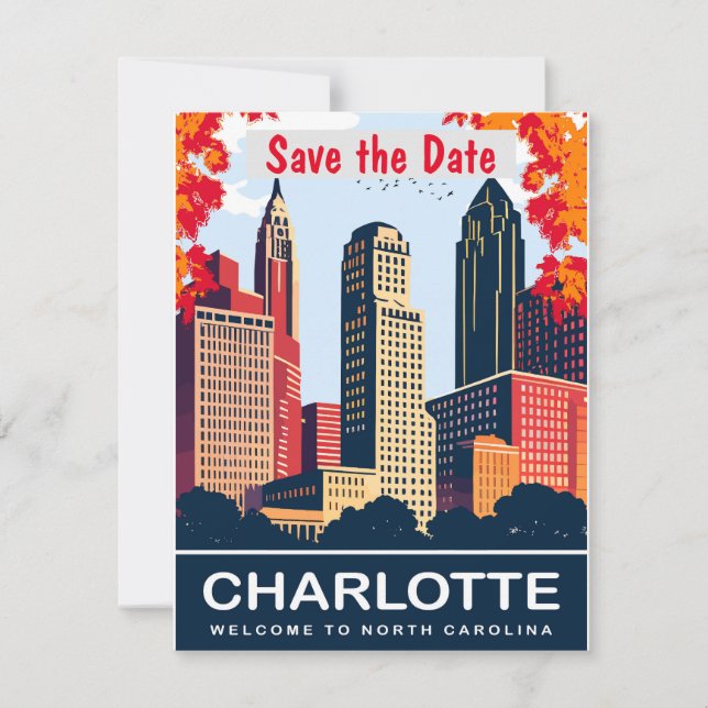 Convite de Casamento Azul Charlotte Skyline (Frente)