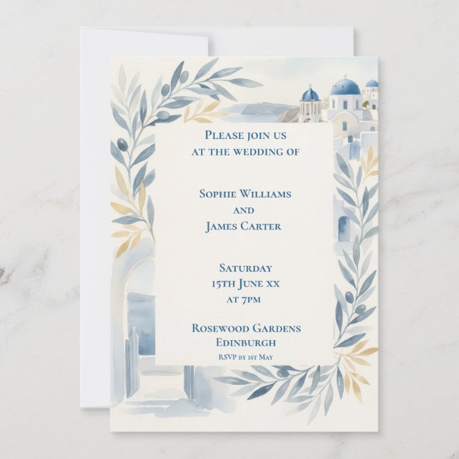 Convite de Casamento Azul Claro de Santorini (Frente)