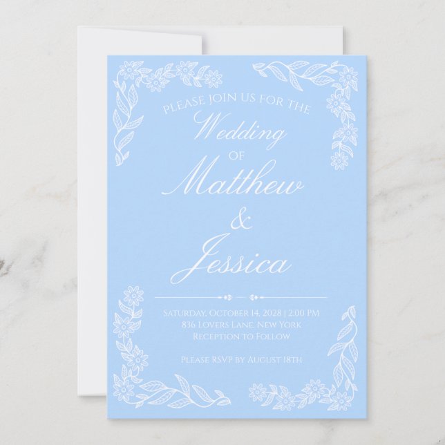 Convite de Casamento Azul Claro Floral Elegante (Frente)
