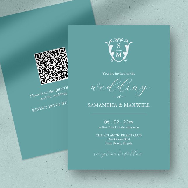 Convite de Casamento Azul com Código QR (QR code wedding invitation blue minimalistic custom monogram crest )