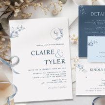 Convite de Casamento Azul com Monograma Moderno El