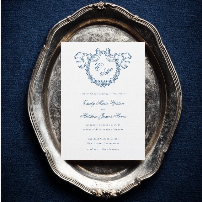 Convite de Casamento Azul Coroa Monograma Francês  (Criador carregado)
