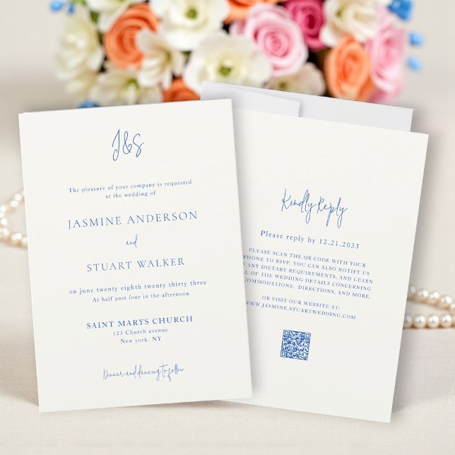 Convite de casamento azul creme moderno código QR (Criador carregado)