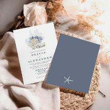 Convite de casamento azul da praia de conchas