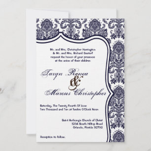 Convite de casamento Azul Damask Lace de Marinho 5