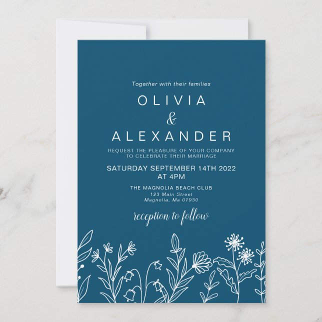 Convite de casamento azul de flores silvestres boh (Frente)