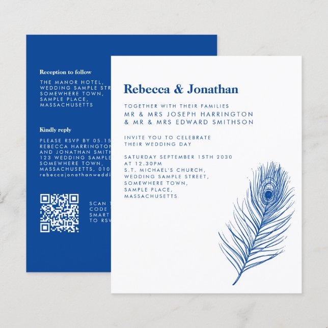 Convite de casamento Azul de Pancete Mínimo de Orç (Frente/Verso)