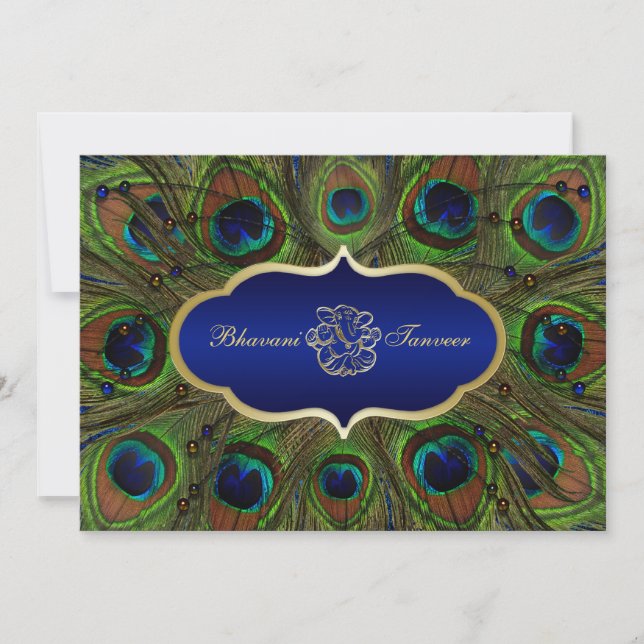 Convite de casamento Azul de Penas Peacock Hindu G (Frente)