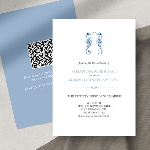 Convite de Casamento Azul de Praia com Código QR