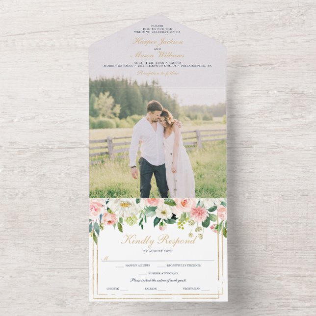 Convite de casamento Azul Dourado Blush com fotogr (Inside)