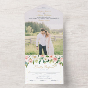 Convite de casamento Azul Dourado Blush com fotogr