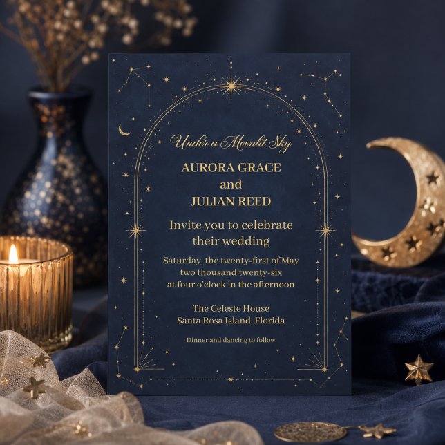 Convite de Casamento Azul Dourado Lua Marinha Cele (Criador carregado)