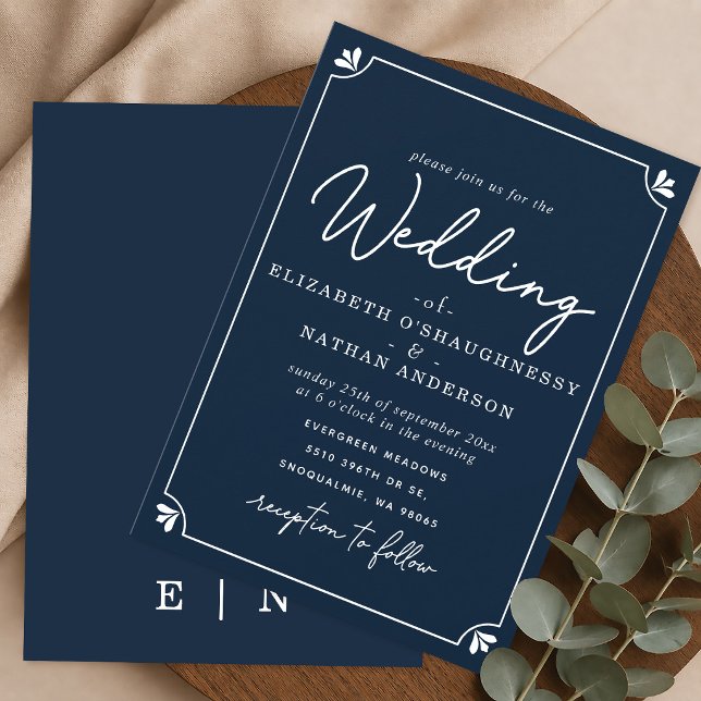 Convite de Casamento Azul e Branco com Letra Elega (Criador carregado)