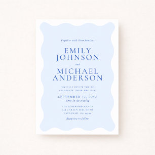 Convite de Casamento Azul e Branco Ondulado Modern