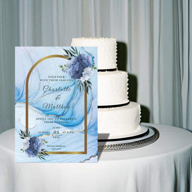 Convite de Casamento Azul e Dourado Elegante (Criador carregado)