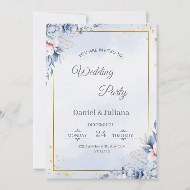 Convite de Casamento Azul e Dourado Elegante (Frente)