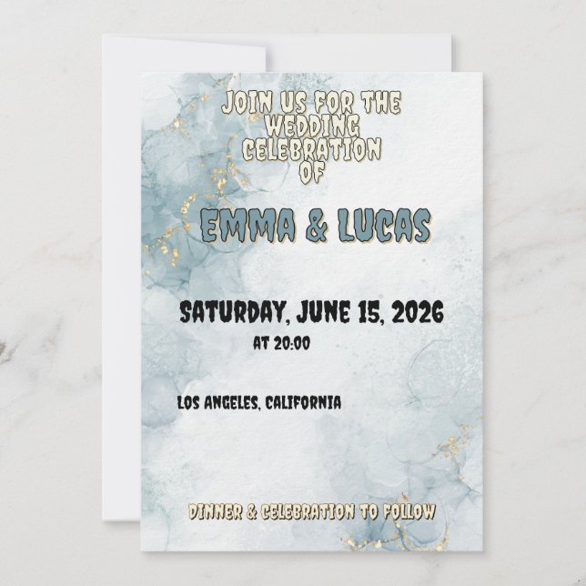 Convite de Casamento Azul Elegante com Aquarela e  (Frente)