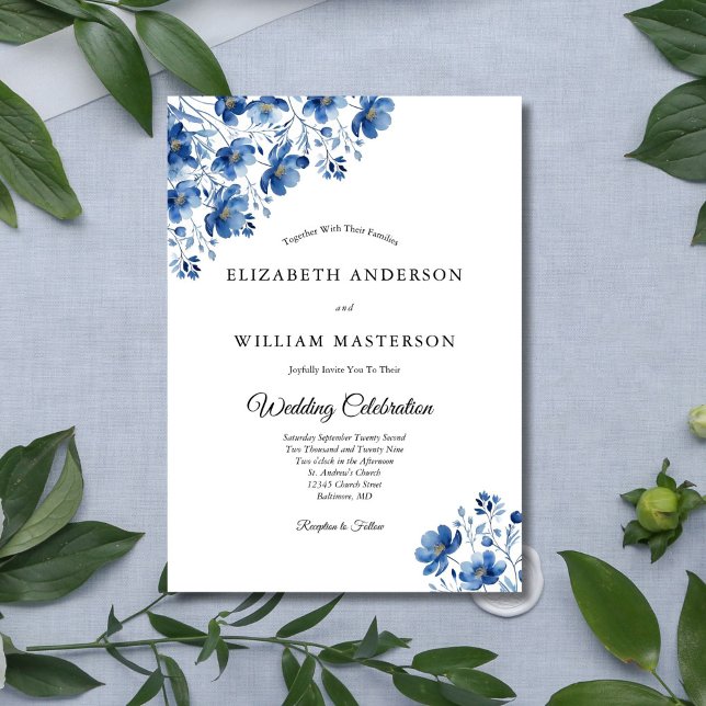 Convite de Casamento Azul Elegante Moderno com Mar (Blue Wildflowers Elegant Formal Wedding Invitation, Printed or Digital Download)