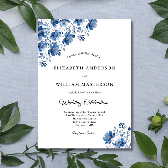 Convite de Casamento Azul Elegante Moderno com Mar (Blue Watercolor Wildflowers Floral Elegant Formal Wedding Invitation. Printed or Digital Download)