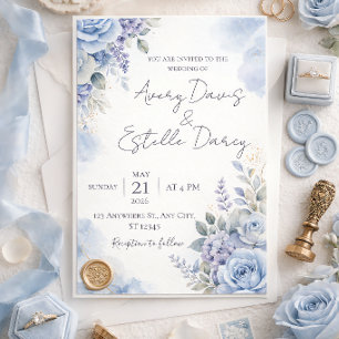 Convite de Casamento Azul Empoeirado Aquarela El