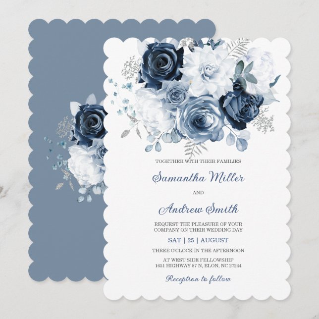 Convite de Casamento Azul Empoeirado e Prata (Frente/Verso)