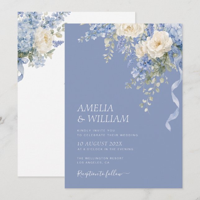 Convite de casamento azul empoeirado floral (Frente/Verso)