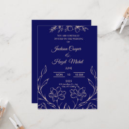 Convite de Casamento Azul Flora Marinho