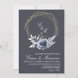 Convite De Casamento Azul Floral De Monograma Eleg