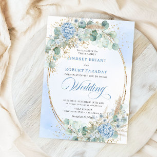 Convite de Casamento Azul Floral Dourado Caligrafi