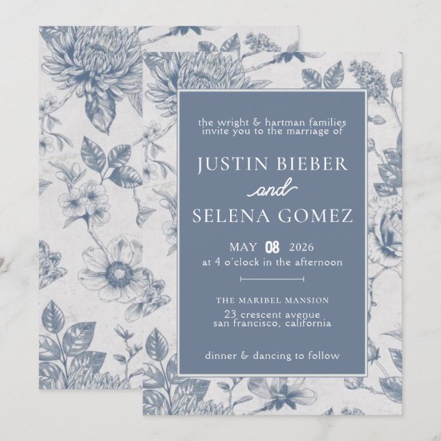Convite de Casamento Azul Floral Elegante (Frente/Verso)